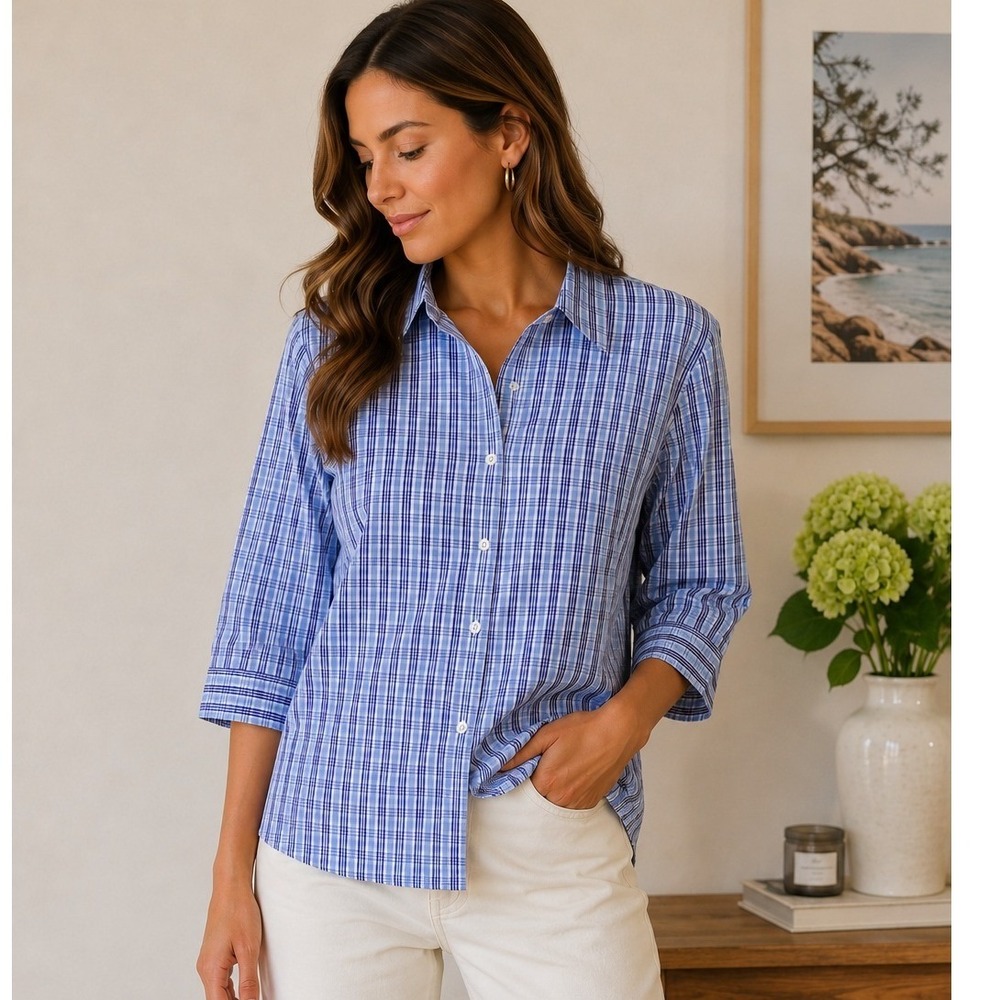 LL Bean Wrinkle Free Cotton Plaid Button Down Shirt Blue White 3/4 Sleeve M